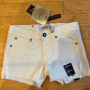 Girls size 8 vigoss white denim hi lo style shorty shorts jeans M adjustable